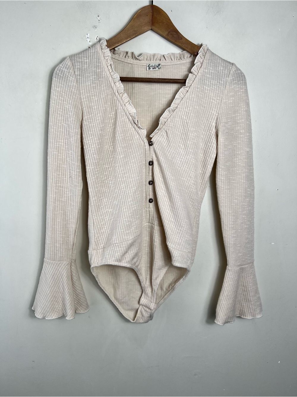 Free People Intimately Jackie Bodysuit In Oatmeal Ribbed Size Small Ruffle - Picture 2 of 12